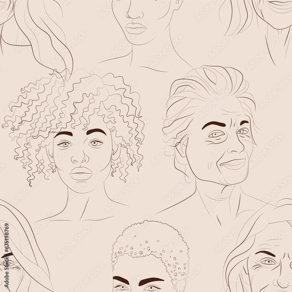 Vector seamless pattern with faces of young black and white mature women. Hand drawn background with people