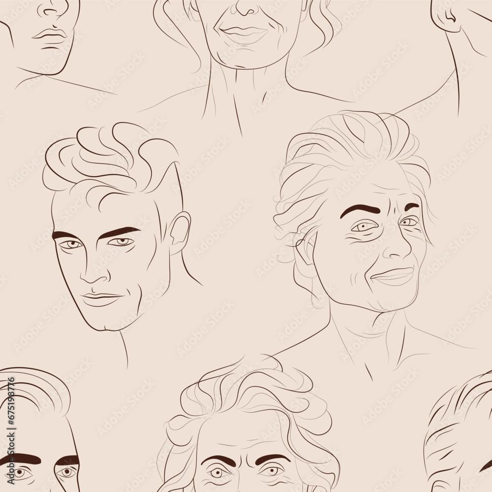 Vector seamless pattern with faces of young men and mature women. Hand drawn background with people