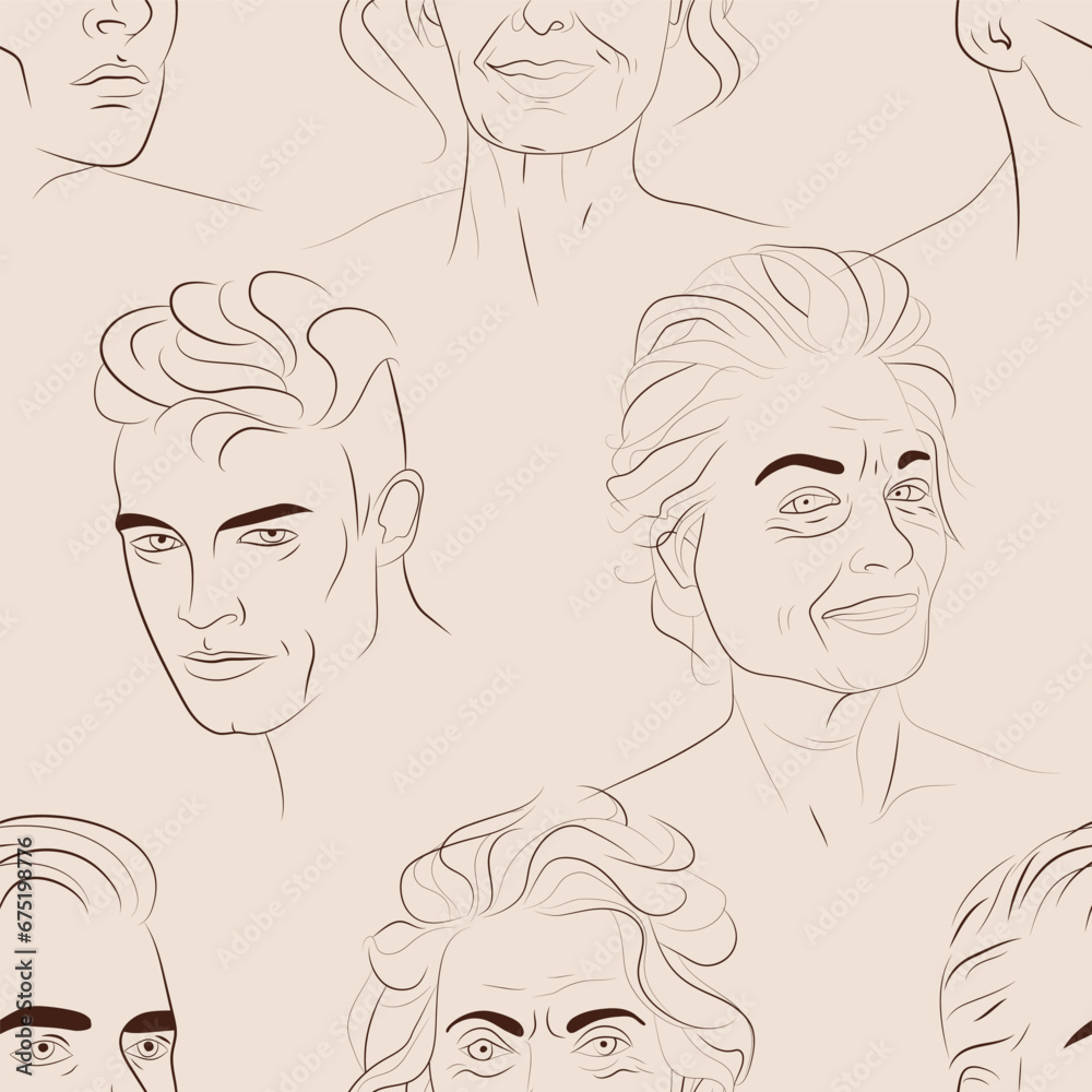 Vector seamless pattern with faces of young men and mature women. Hand drawn background with people Vector seamless pattern with faces of young men and mature women. Hand drawn background with people