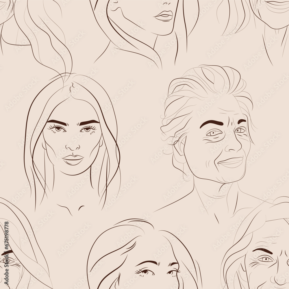Vector seamless pattern with faces of young and mature women. Hand drawn background with people Vector seamless pattern with faces of young and mature women. Hand drawn background with people
