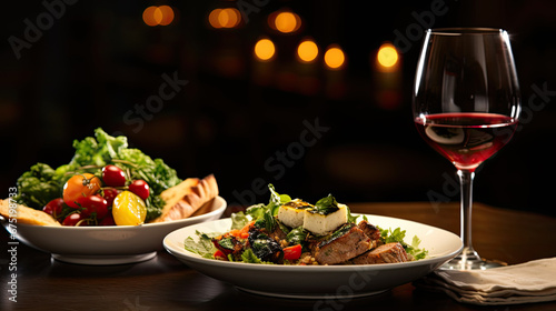 Elegant Dining: Table Set with Food, Wine, and Salad