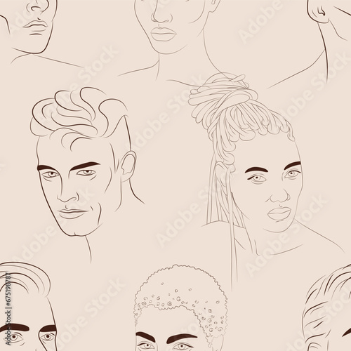 Vector seamless pattern with faces of young white men and young black women. Hand drawn background with people