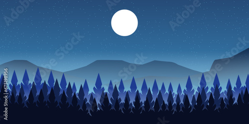 Illustration of Nighttime Mountain Landscape in Vector