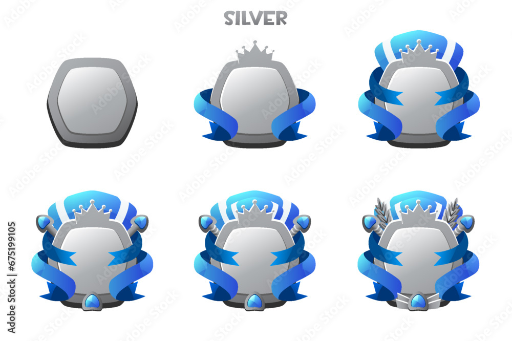 Game rank gem badge ui award achievement. Cartoon level medal in silver. Game rank gem badge ui award achievement. Cartoon level medal in silver.