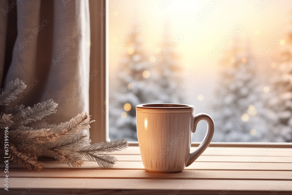 Mug on wood, window view of winter landscape, tree branch, background, copyspace Mug on wood, window view of winter landscape, tree branch, background, copyspace