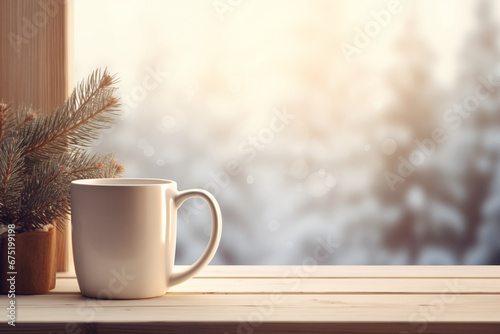 White Mug on wood, window view of winter landscape, tree branch, background, copyspace - mock up photo