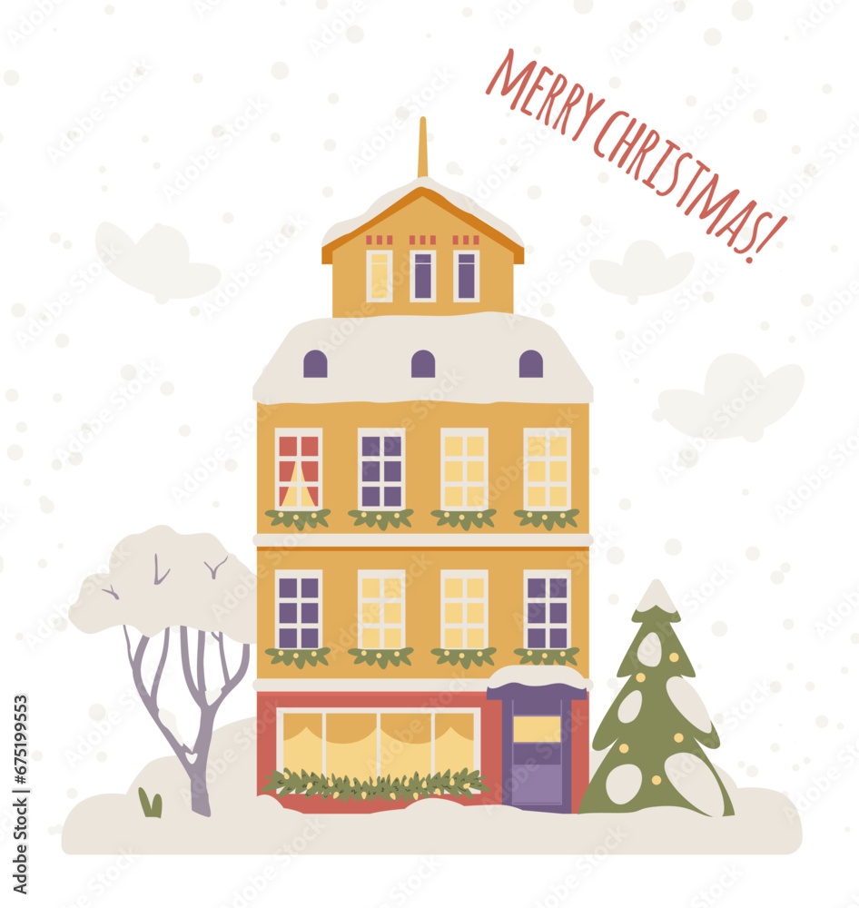 Merry Christmas greeting card with cute snowy house with Christmas decorations flat vector illustration.
