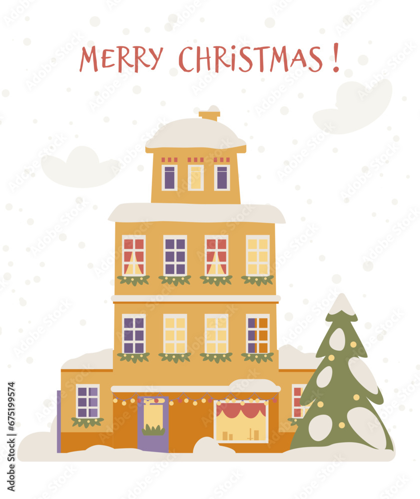 Merry Christmas greeting card with cute snowy house with Christmas decorations flat vector illustration.