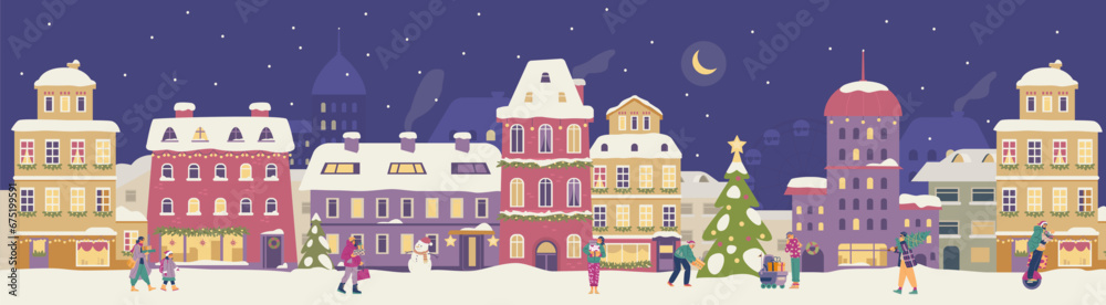 Christmas night city street panorama with cute houses and people walking holding gifts flat vector illustration. Winter cityscape with snowy houses with Christmas decorations horizontal banner.