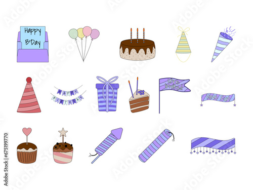 Birthday Elements Icons Illustration. Flat Style Collection Party Completeness. Vector Illustration on a White Background.