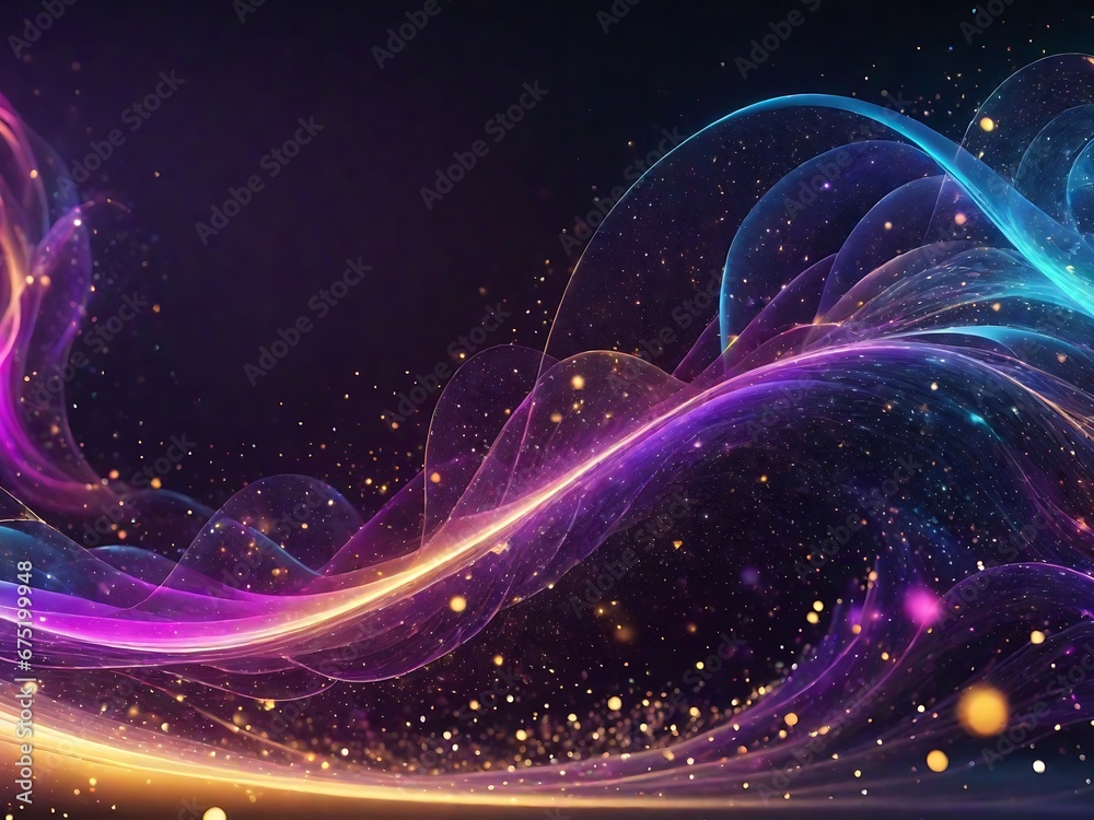 Futuristic digital neon flowing particles wave and sparkling light abstract background. A Generative AI Digital Illustration.
