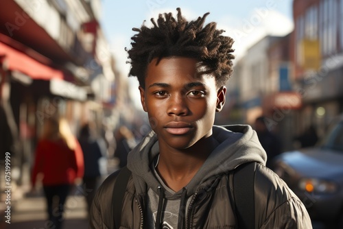 Portrait of an Afro American teenager standing on a city street