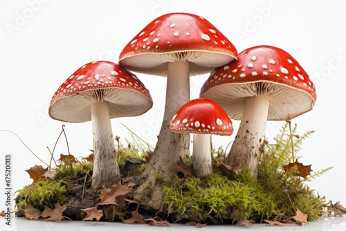Fly agarics with grass and leaves on light background.