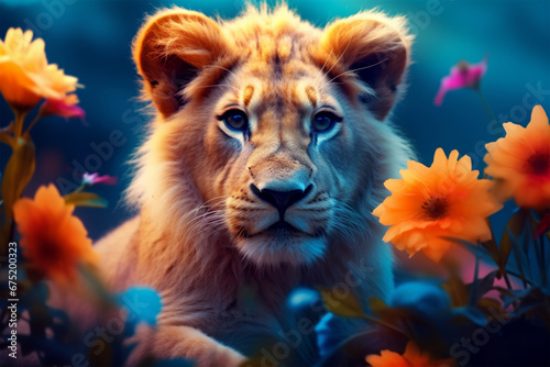 view of a lion among colorful flowers