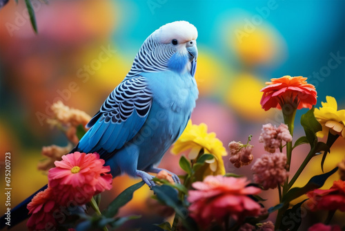 view of a parrot among colorful flowers