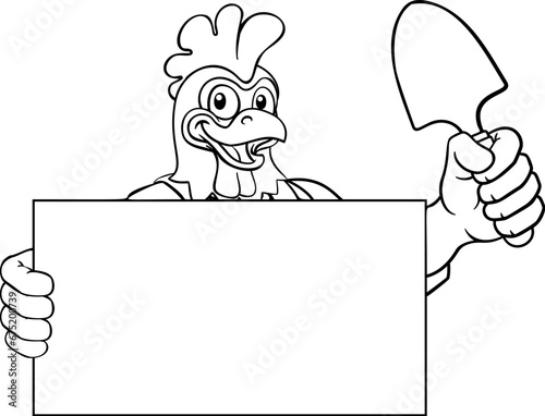A gardener, farmer or handyman chicken rooster cartoon mascot man holding a gardening tool