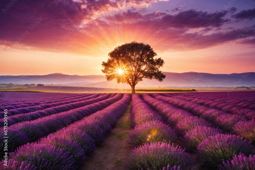 Fototapeta premium Beautiful image of lavender field summer sunset landscape with single tree on horizon with sunburst. Generative Ai.