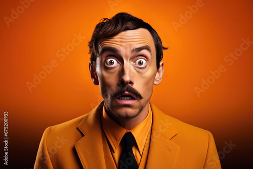 surprised happy funny man freak with a mustache in a suit with an open mouth on an orange background with a space copy photo