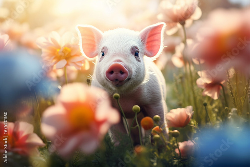 view of a pig among colorful flowers