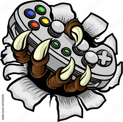 A video gamer game gaming controller claw of an eagle or animal monster hand holding games control sports illustration