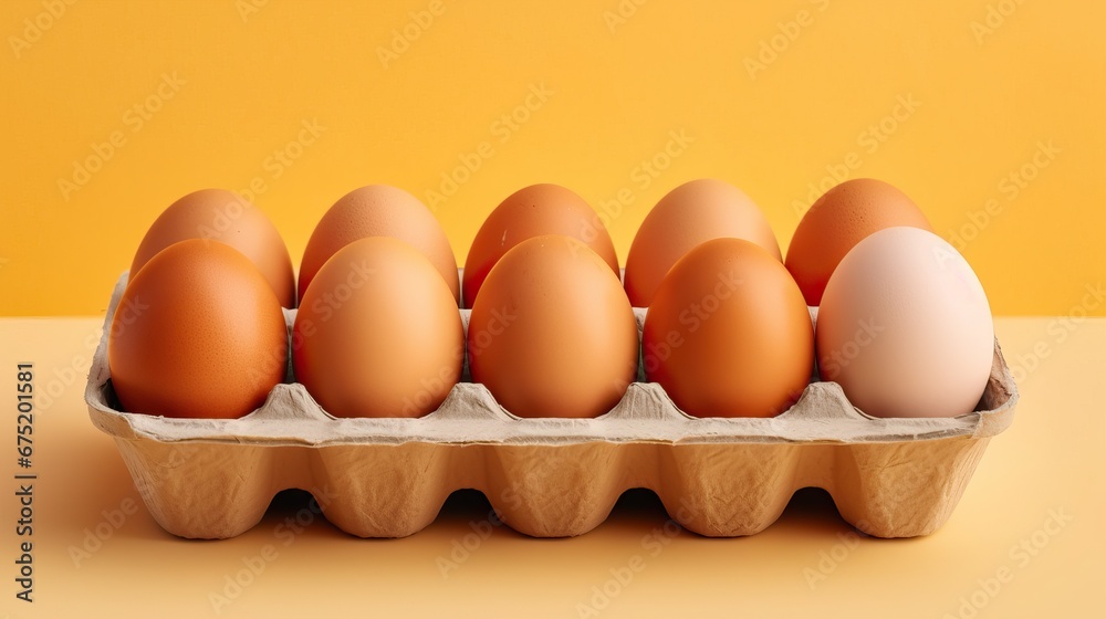 Chicken eggs in a carton box on yellow background, top view Chicken eggs in a carton box on yellow background, top view