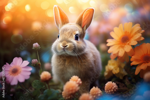 view of a rabbit among colorful flowers