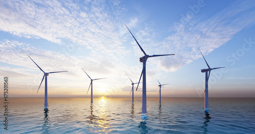 Ocean Wind Farm. Windmill farm in the ocean. Offshore wind turbines in the sea. 