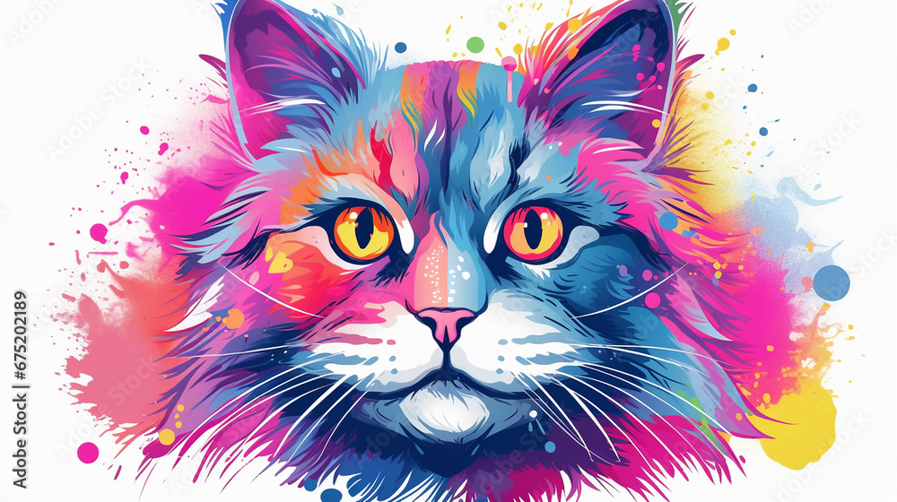 Cute cat head colorful white t shirt design rainbow illustration picture AI generated art - obrazy, fototapety, plakaty 