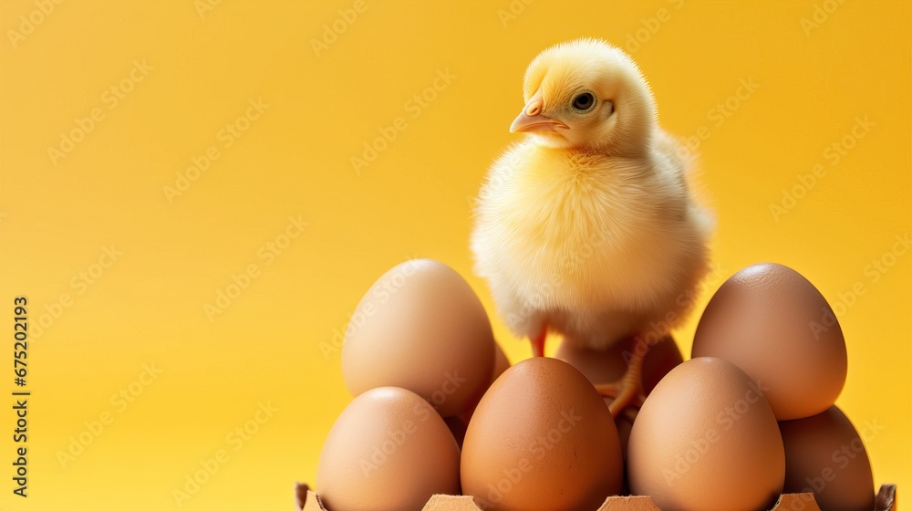 Easter chicken and eggs on yellow background. Easter holiday concept
