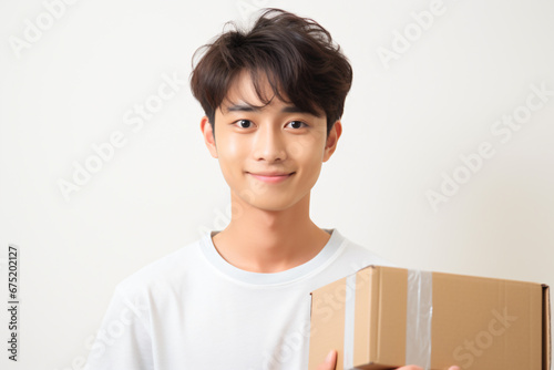 a man holding a box and smiling for the camera