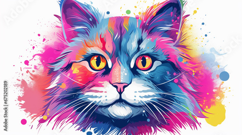 Cute cat head colorful white t shirt design rainbow illustration picture AI generated art photo