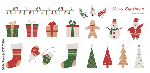 Christmas design element set, sticker pack with holiday symbols, Santa, snowman, gift boxes, socks and gloves, gingerbread man and light garland. Vector illustration.