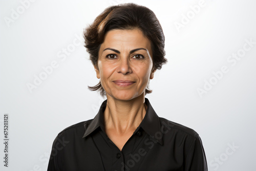 a woman in a black shirt looking at the camera