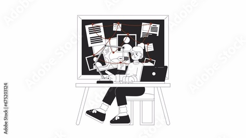 Wallpaper Mural True crime podcast bw cartoon animation. Exploring unsolved mysteries 4K video motion graphic. Caucasian female true crime enthusiast 2D monochrome line animated character isolated on white background Torontodigital.ca