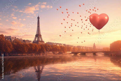 Early morning view of Eiffel Tower adorned with heart-shaped balloons in romantic Paris, city of love. Generative AI