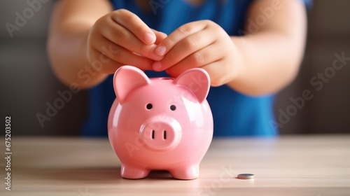 Piggy bank on table with Child learns to saving money for A prosperous future. Saving money concept. photo
