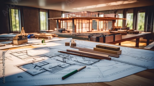 Close up of Blueprints of a residence on a worktable during the renovation or construction.