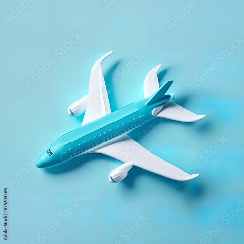 top view air plane on blue background. Creative minimal concept. 3d rendering landing blurred effective background passenger transporter modern boeing airline aircraft jet toy Generative AI 