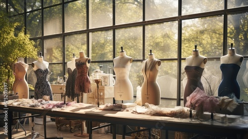 Interior of fashion designer studio room with various sewing items, fabrics and mannequins standing. photo