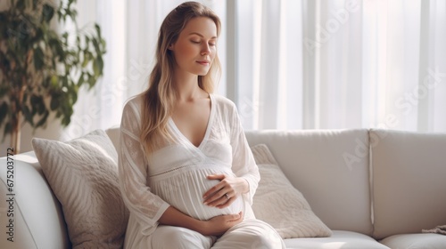 Pregnant woman doing meditation at home to reduce anxiety and stress and during pregnancy. photo