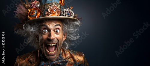 surprised happy funny man sorcerer wizard magician in a hat with an open mouth on a background with a space to copy photo