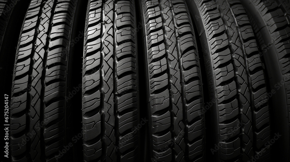 Fototapeta premium Close-up, tyre or tire thread for automobile industry, sales and mechanic. Car wheel, repair or service for vehicle safety and product purchase. Engineering and mechanical services for vehicle owner