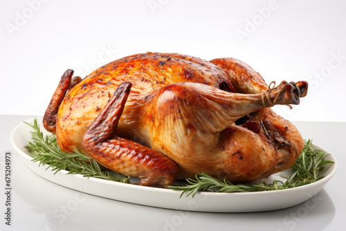 Whole roasted chicken on white background