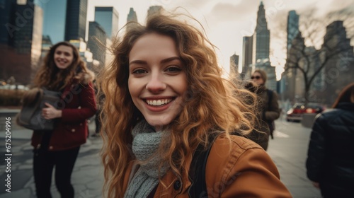 smiling cheerful caucasian female casual cloth enjoy spending vacation holiday travel in a modern urban downtoen city exited lifestyle travel concept