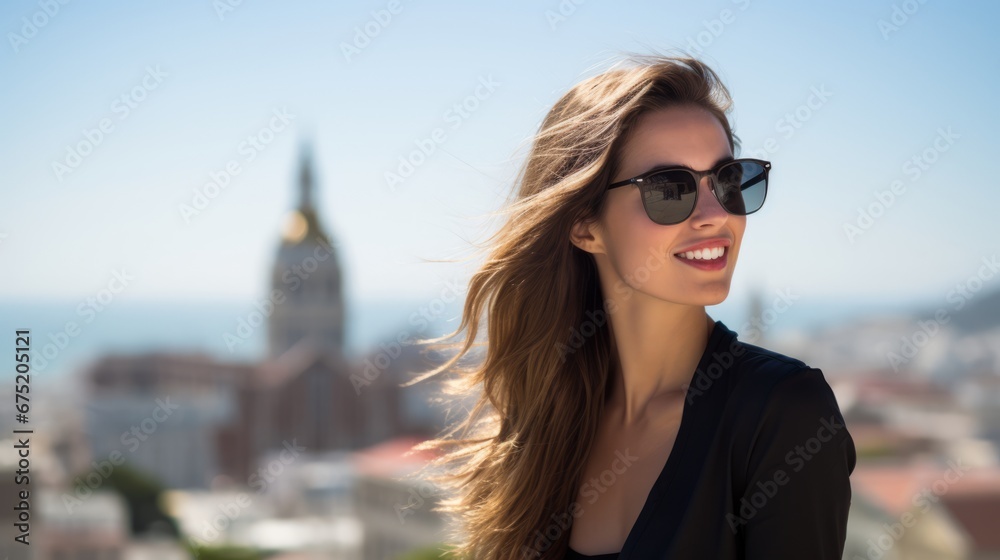 travel concept casual stylish female woman wear sun glasses sight seeing tour in europe city famous travel destination cheerful tousit in beautiful europe city travel concept casual stylish female woman wear sun glasses sight seeing tour in europe city famous travel destination cheerful tousit in beautiful europe city