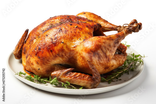 Whole roasted chicken on white background