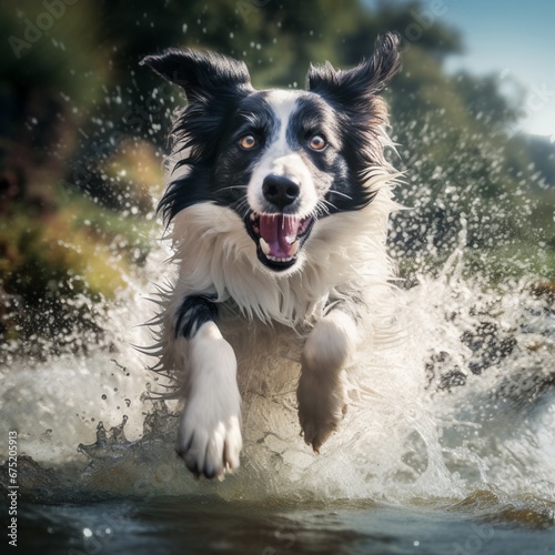 Beautiful picture of white and black mix dog jumping in the river Ai generated art
