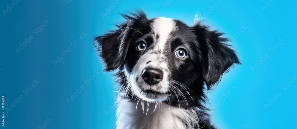 In a bright and happy blue background an adorable black and white dog with a cute face is isolated creating a captivating portrait against the contrasting colors
