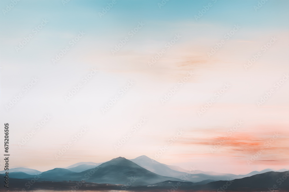 Pastel Dreams: Serene Horizon, Mountains, and Lake in Abstract Minimalist Landscape
