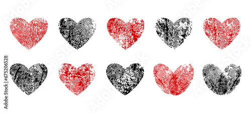 Fingerprint hearts, love icons of finger print or thumbprint in heart, vector. Wedding or marriage invitation, Valentine holiday and couple romance hearts of two fingerprints or finger marks
